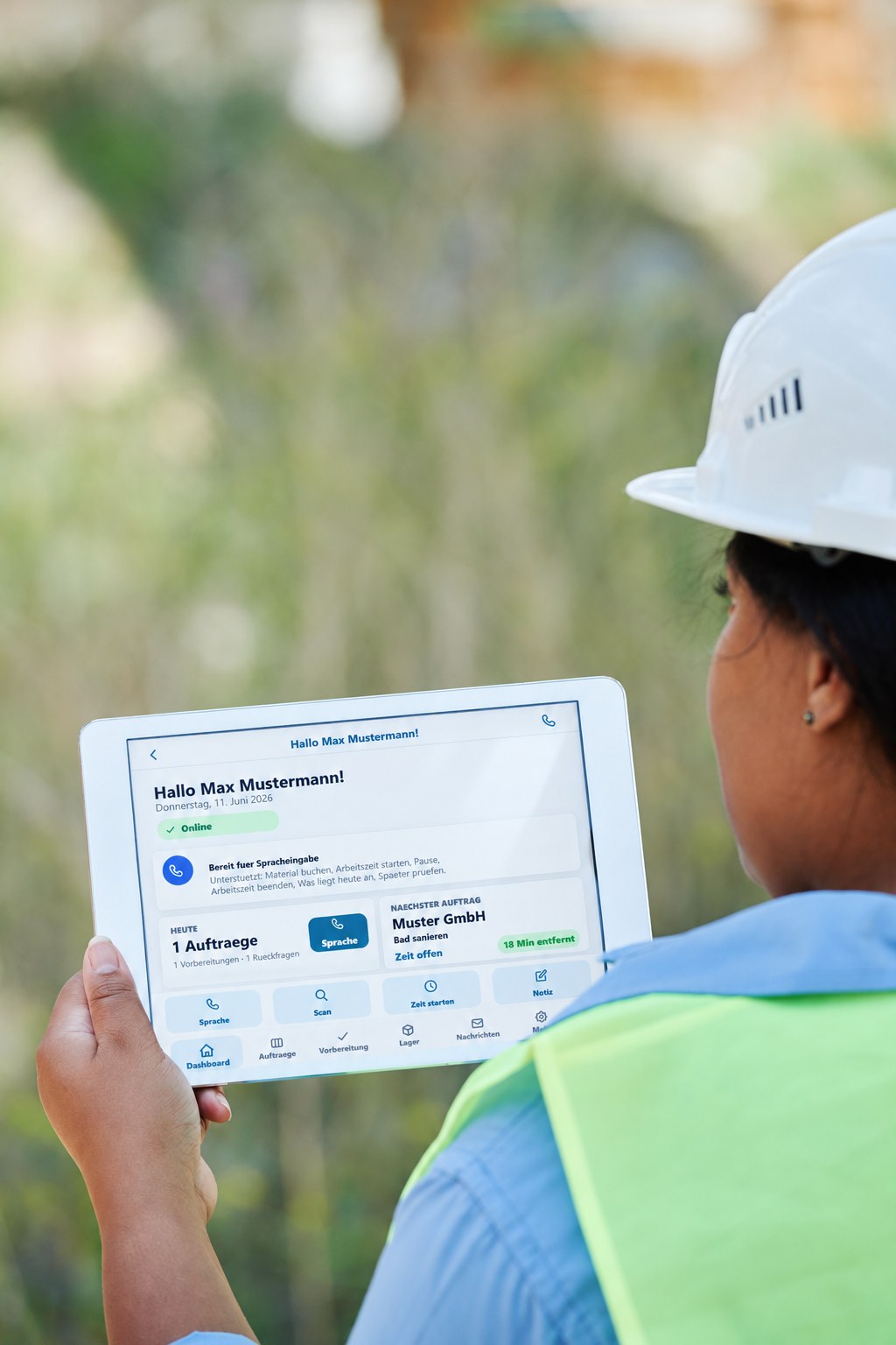Mitarbeiterin auf einer Baustelle mit ZentraliQ Mobile auf dem Tablet