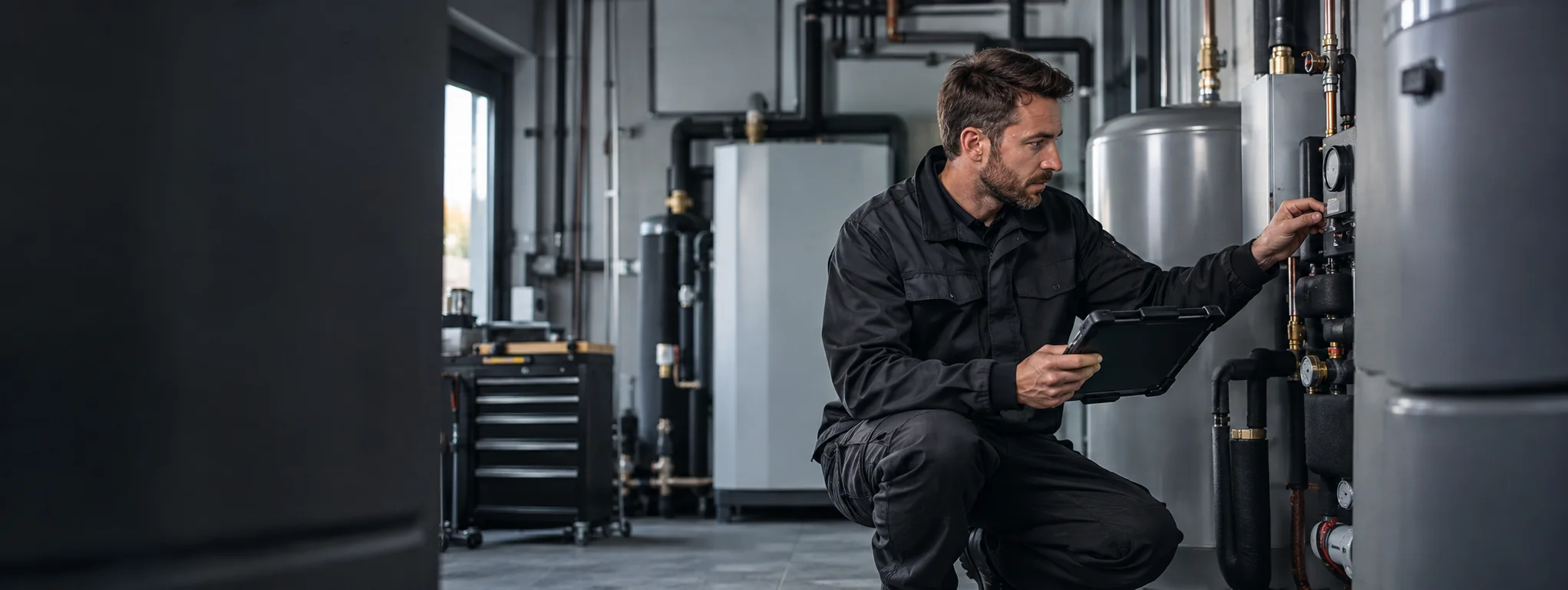 Techniker bei einem vorbereiteten Einsatz an einer Heizungsanlage