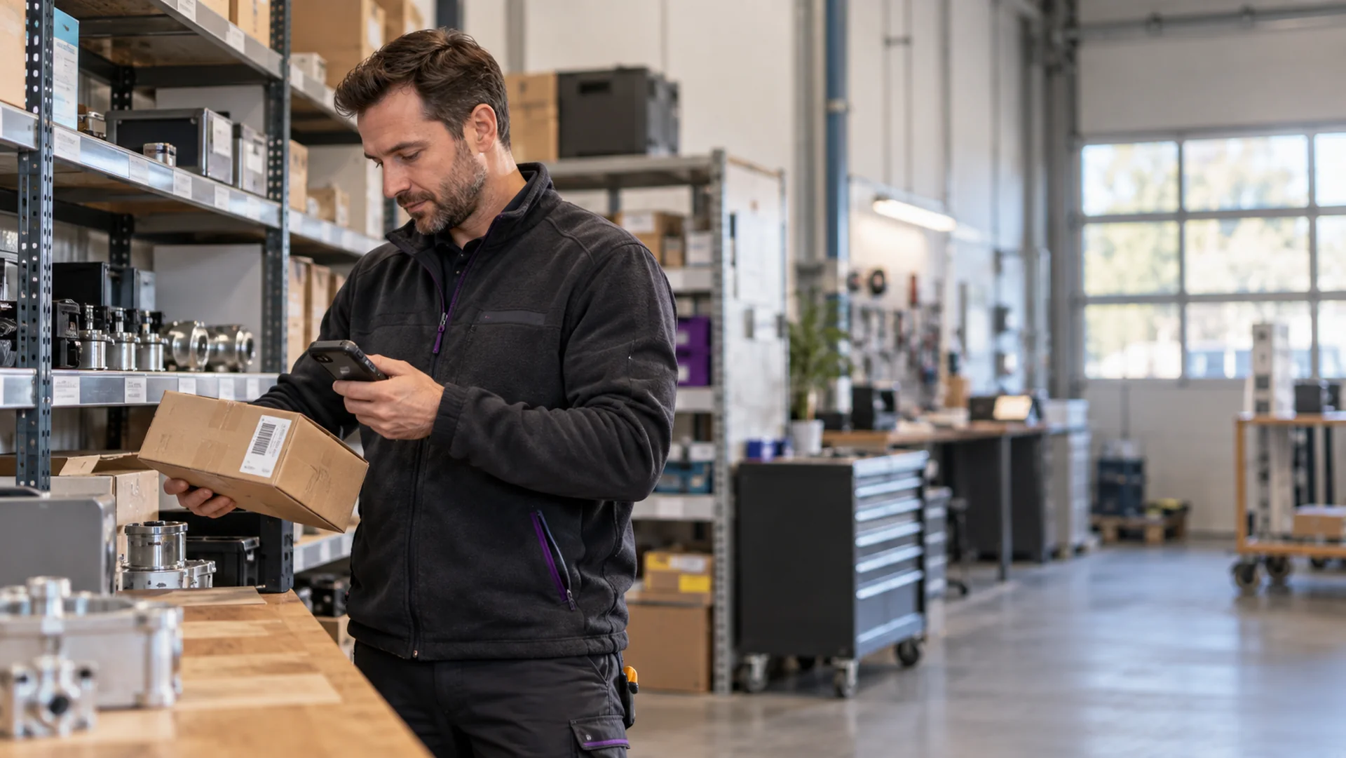 Mitarbeiter prüft ein Materialpaket im Lager