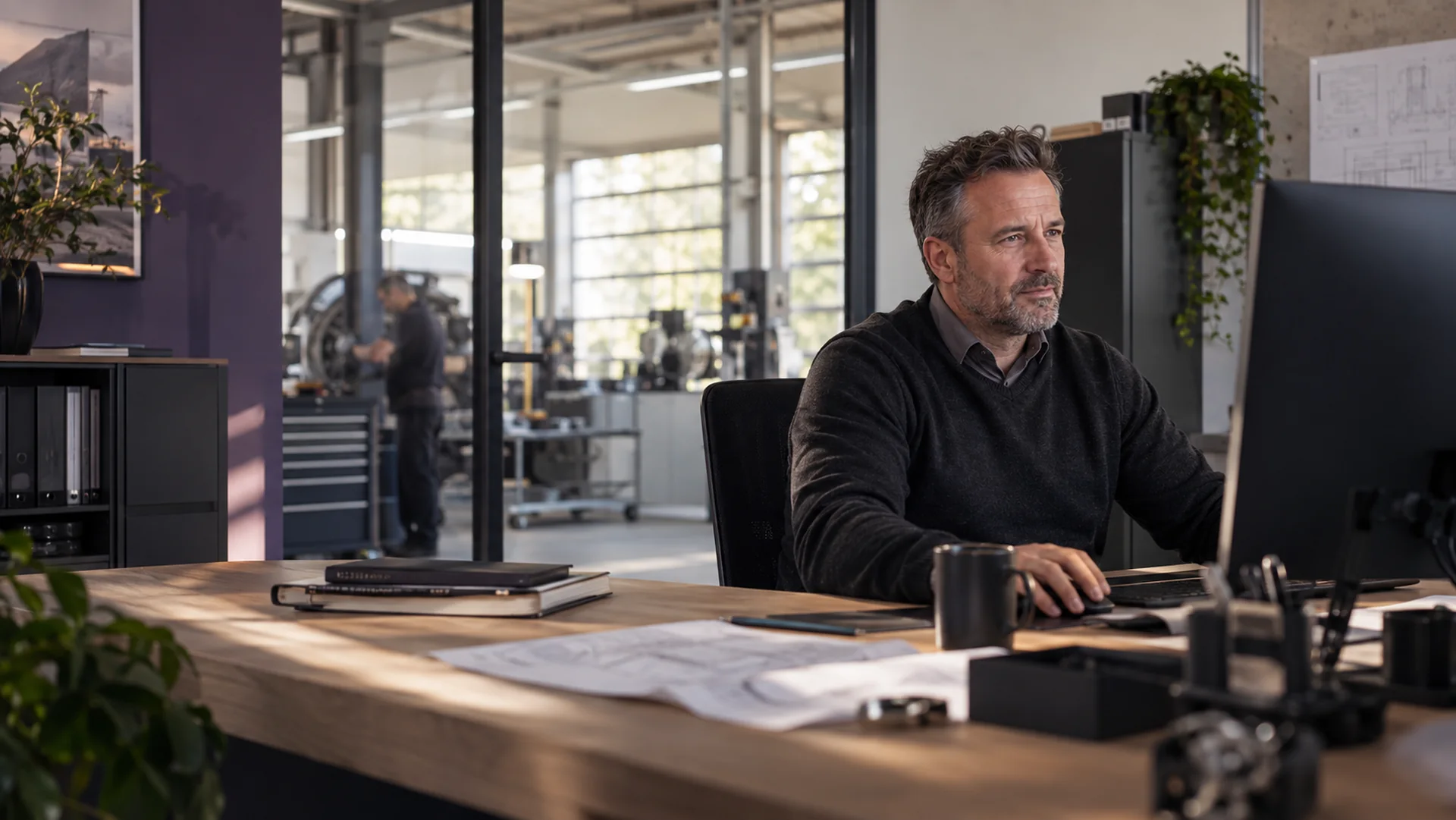 Betriebsinhaber an einem großen Arbeitsplatz in einem technischen Betrieb