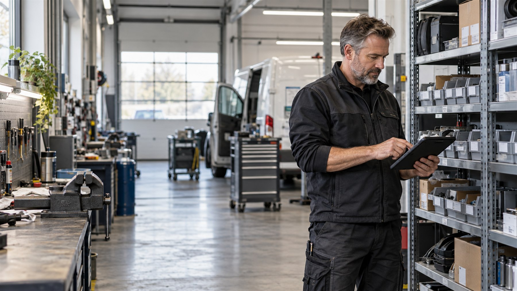 Servicetechniker in einer Werkstatt mit Materiallager